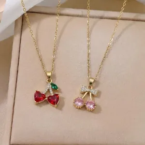 Fashion Titanium Steel Necklace For Women Sweet Cherry Apple Fruit Pendant Gold Plated Stainless Steel Chain Zirconia Jewelry