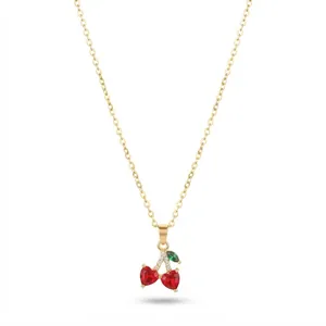 Elegant titanium steel necklace with heart-shaped red crystal cherry pendant