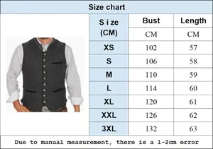 Detailed size chart for men's V-neck wedding dress vest in grey wool blend material