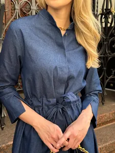 Detail view of a chic blue denim long dress with a cinched waist and stand collar