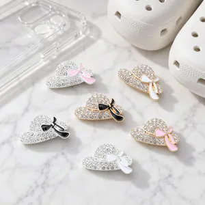 Alloy Rhinestone Straw Hat Shape DIY Accessory With Enamel Bow For Phone Case Shoes Jewelry Making Charms Findings