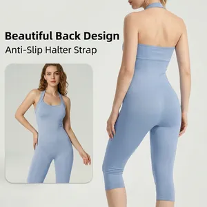 Tuta da yoga senza cuciture azzurro per donna con schiena scoperta e design halter