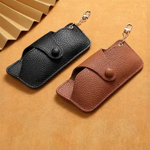 Portable Leather Glasses Case Litchi Grain Pressure Resistant Sunglasses Pouch With Snap Button And Hook Chain