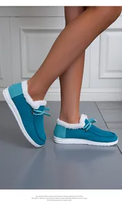 Damen Winter-Loafer aus blauem Cord mit dicker Sohle und warmem Kunstfell gefüttert