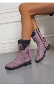 Detailed view of purple suede flat ankle boots featuring knit collar and side lace-up.