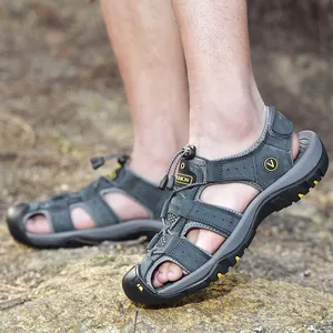 Close-up detail of men's genuine leather closed-toe sandals for outdoor beach wear