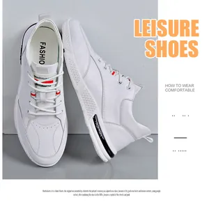 Detailed view of white breathable faux leather leisure shoes for men with flexible soft soles