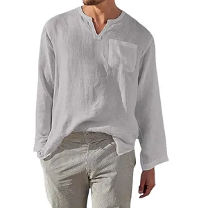 Men Casual Cotton Henley Shirt Long Sleeve V Neck Loose Fit Summer Beach Tops With Pocket