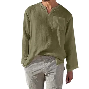 Men's loose olive green cotton linen shirt with V-neck and pocket for casual summer wear