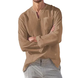 Men's loose cotton linen long sleeve shirt with V-neck and chest pocket in khaki brown