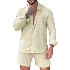 Men's casual beige two-piece linen-look set including long sleeve shirt and shorts