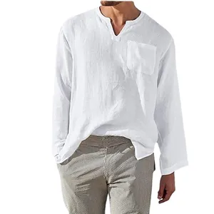 Comfortable men's loose white cotton linen long sleeve shirt with a casual V-neck and pocket