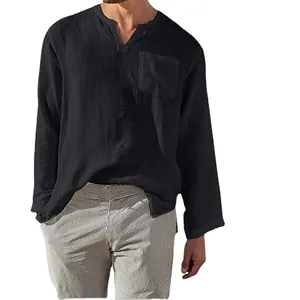 Loose black cotton linen long sleeve shirt for men with V-neck and chest pocket