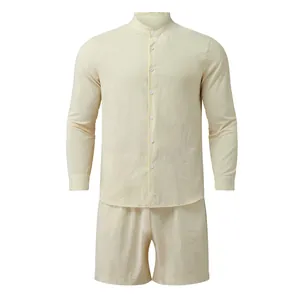 Detailed front view of men's beige two-piece set with mandarin collar shirt and shorts
