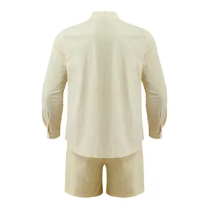 Back view of men's loose two-piece set with long-sleeved shirt and shorts in cream