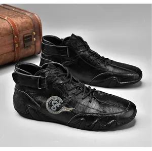 Detailed macro view of vintage black leather mid-top casual shoes with Velcro strap detail