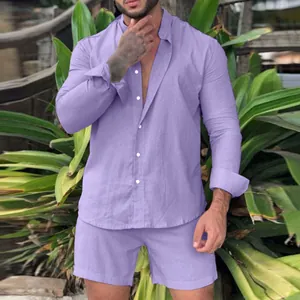 Detailed view of the light purple loose-fit long-sleeved shirt and shorts summer set