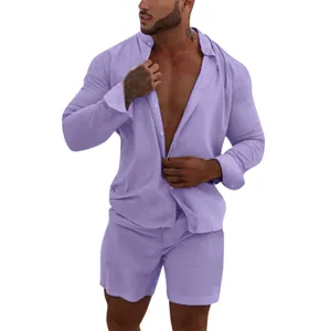 Macro view of light purple linen-textured fabric on a men's long sleeve shirt and shorts set