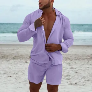 Relaxed fit lavender long-sleeved shirt and shorts set worn on a sunny beach