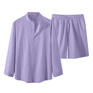Men's purple two-piece set including long-sleeve button-down shirt and matching shorts