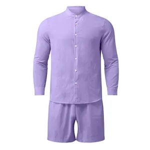 Detail view of a men's lavender solid color long-sleeved shirt and shorts leisure two-piece set