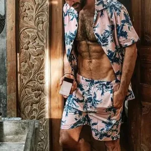 Men's Casual Hawaiian Tropical Leaf Print Short Sleeve Shirt And Shorts Matching Set Summer Beach Vacation Outfit