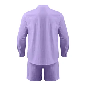 Detailed back view of men's lavender solid long-sleeved shirt and matching shorts set
