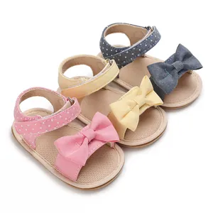 Baby Girls Summer Sandals 0-1 Year Old Soft Sole First Walker Shoes With Bowknot Polka Dot Print Cotton Fabric Breathable