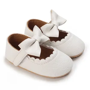 White baby walking shoes with a bow and soft sole princess style for infants 0-1 year