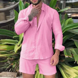 Men's pink vacation 2-piece set with long sleeve button-up shirt and matching shorts