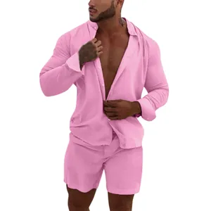 Detailed view of men's pink long-sleeve linen shirt and shorts two-piece summer set