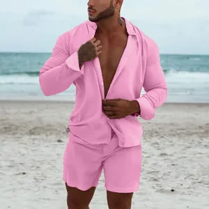 Men's pink summer beach two-piece set with long sleeve shirt and matching shorts