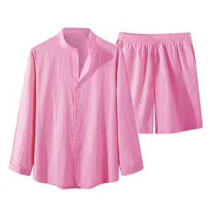 Front view of pink men's long-sleeve shirt and matching shorts leisure set