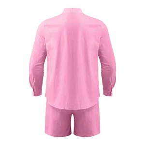 Back view of minimalist pink long sleeve shirt and shorts set in breathable cotton linen