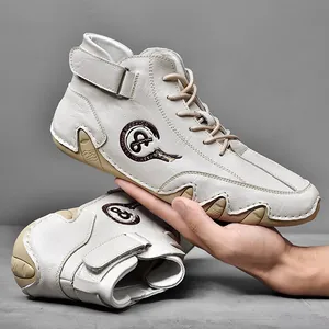 Men Mid-Top Casual Shoes Vintage Hand-Stitched PU Leather Driving Shoes Magic Tape Warm Plush Lining Comfortable Footwear