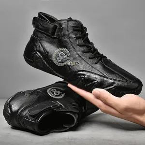 Premium men's retro black leather mid-top casual shoes with velcro and laces detail