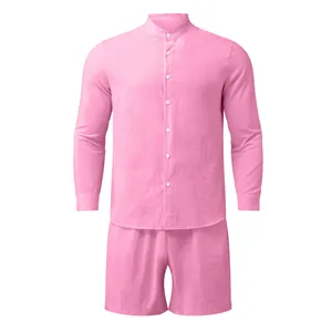 Pink men's two-piece linen set with long-sleeve mandarin collar shirt and matching shorts