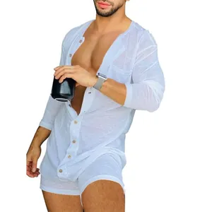 Mono sexy blanco para hombre de una pieza ajustado de manga larga ropa de casa