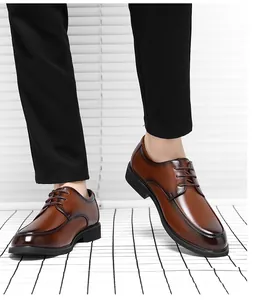 Close-up of classic brown leather business formal dress shoes for men with stylish laces