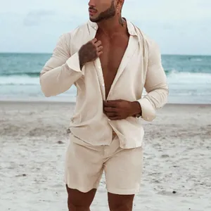 Men's Casual Solid Color Two-Piece Set Summer Hawaiian Long Sleeve Shirt And Shorts Loose Cotton Blend Vacation Style Outfit