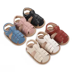 Assorted soft-sole baby sandals in six colors featuring textured faux leather finish.