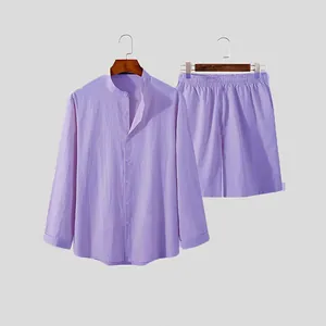 Men's light purple long-sleeved shirt and shorts set, casual loose fit loungewear