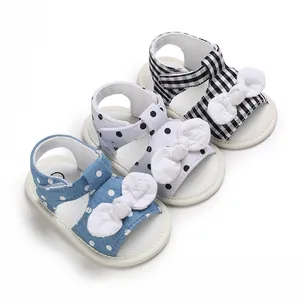 Infant Baby Girl Summer Cotton Cloth Sandals Soft Sole Prewalker Shoes Cute Bow Polka Dot Plaid Pattern Hook Loop Closure