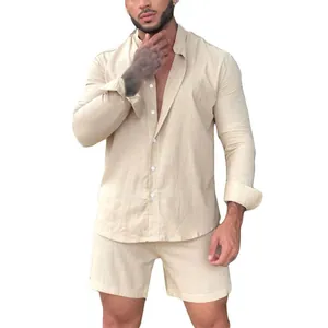 Men's two-piece solid beige linen shirt and shorts set for casual summer wear
