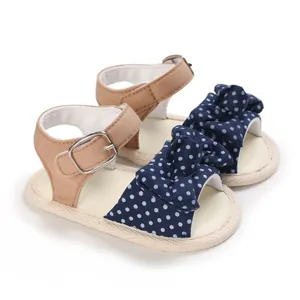 Sandali neonata con fiocco a pois blu navy e cinturini marroni per bambine 0-1 anno