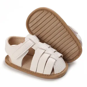 Soft-sole baby sandals in cream with textured leather upper and anti-slip ribbed sole