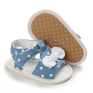 Detail view of blue polka dot baby sandals featuring a white bow and non-slip sole.