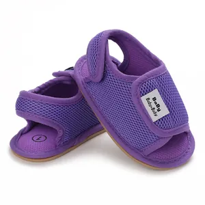 Detail of purple breathable mesh baby sandals with soft anti-slip rubber sole
