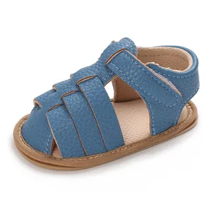 Soft blue leather baby sandals with textured finish and hook-and-loop strap for summer