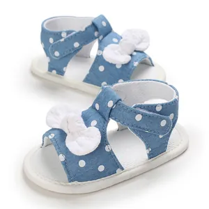 Detail of soft-sole baby sandals featuring blue polka dots and a cute white bow.